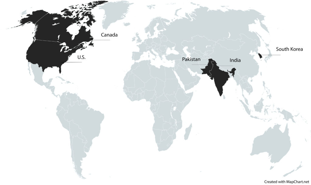 Textile supply chain - countries we operate in: Canada, U.S., Pakistan, India, and South Korea